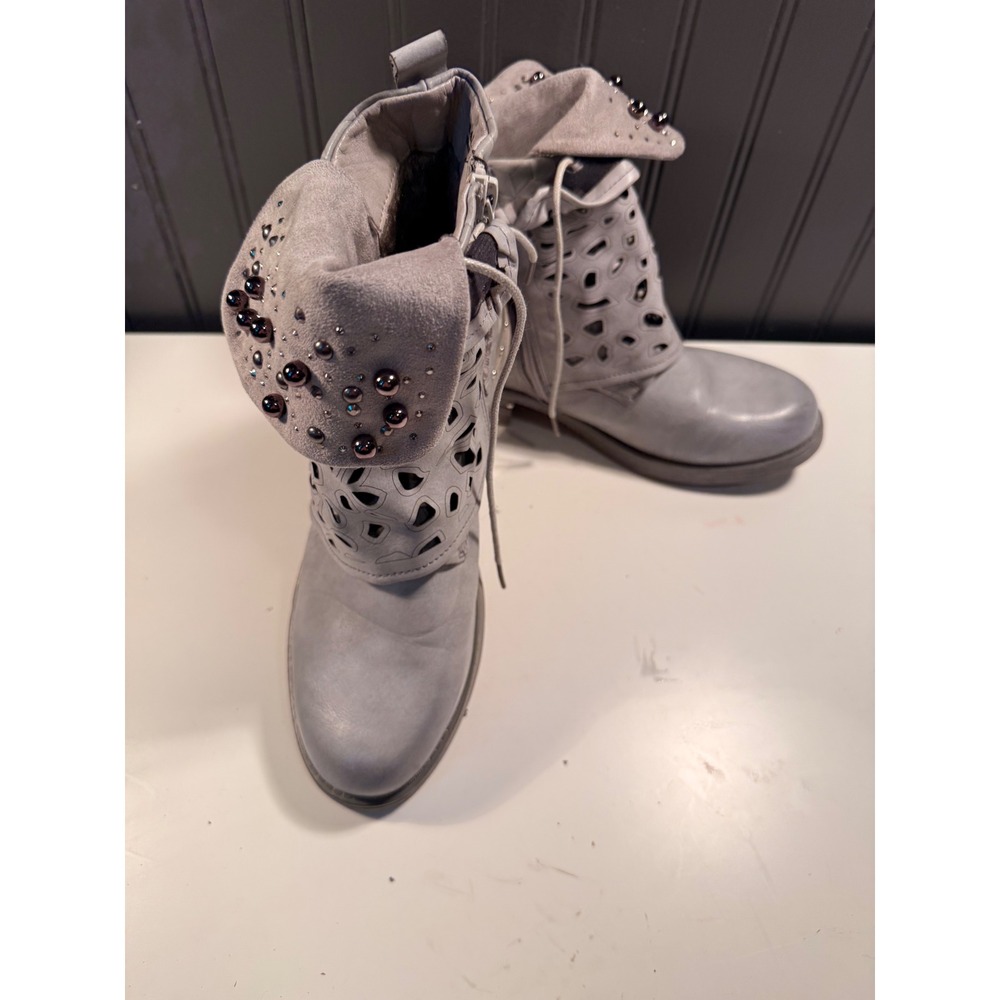 Lala Iaki Grey Studded Laser Cut Ankle Boots EU 40 Snakeskin Strap Buckle Zip